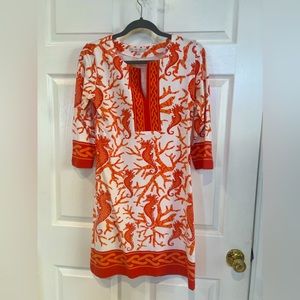 Barbara Gerwit coral and seahorse print cotton knit size small, 3/4 sleeve dress
